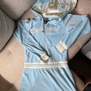 Vintage Y2K Rocawear Velour Tracksuit Dress with Unique Hood Baby Blue Sz Small